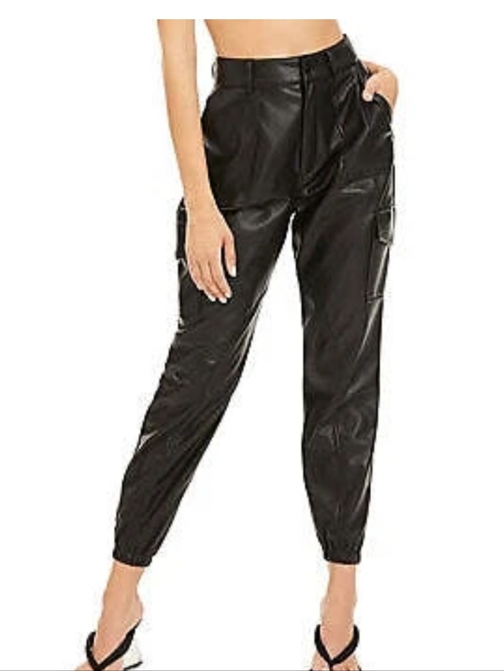 Good American Faux Leather Cargo Jogger Pants Black High Rise Size 4/27